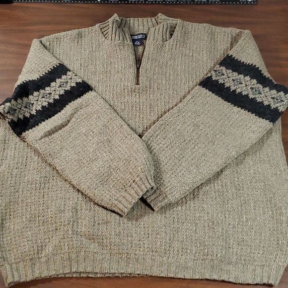 Vtg Lands End Mens XL Army Olive Green Nordic Ski Sweater Wool Faire Isle ¼ Zip‎ - Picture 1 of 8